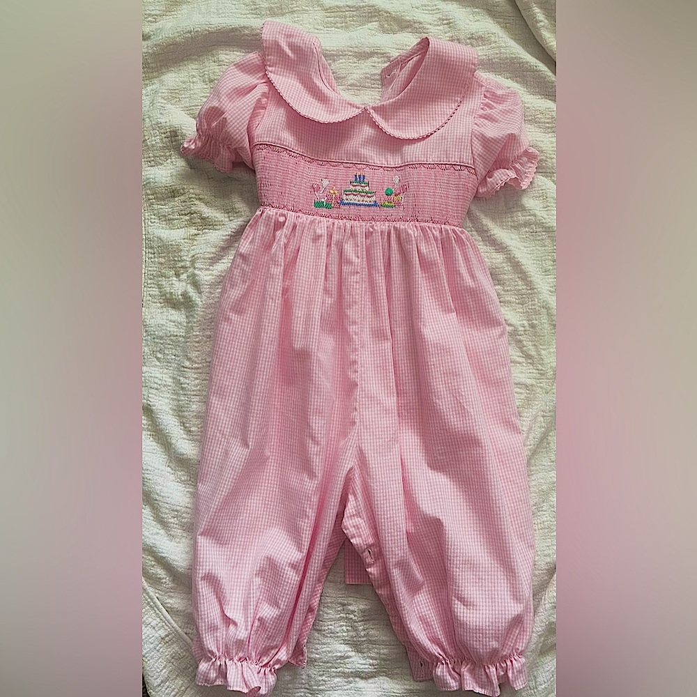 Pink gingham smocked birthday romper